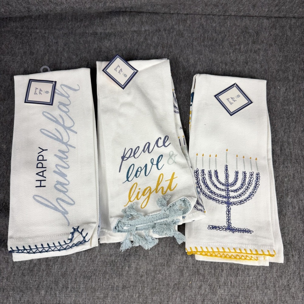 Always First Industrial Hanukkah Dish Towels Set Of 3 White Menorah Dreidel